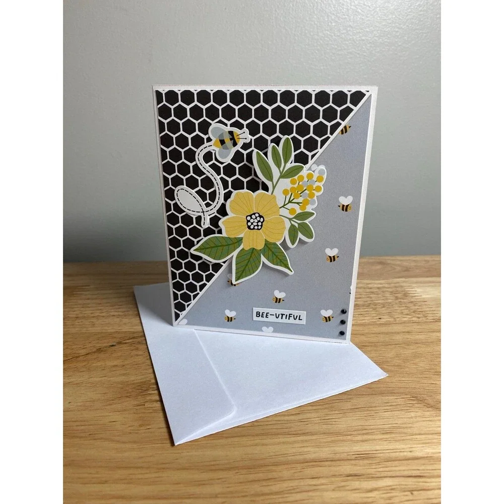 Bee & Flowers Greeting Card – Handmade A2 Card – All Occasion Blank Card